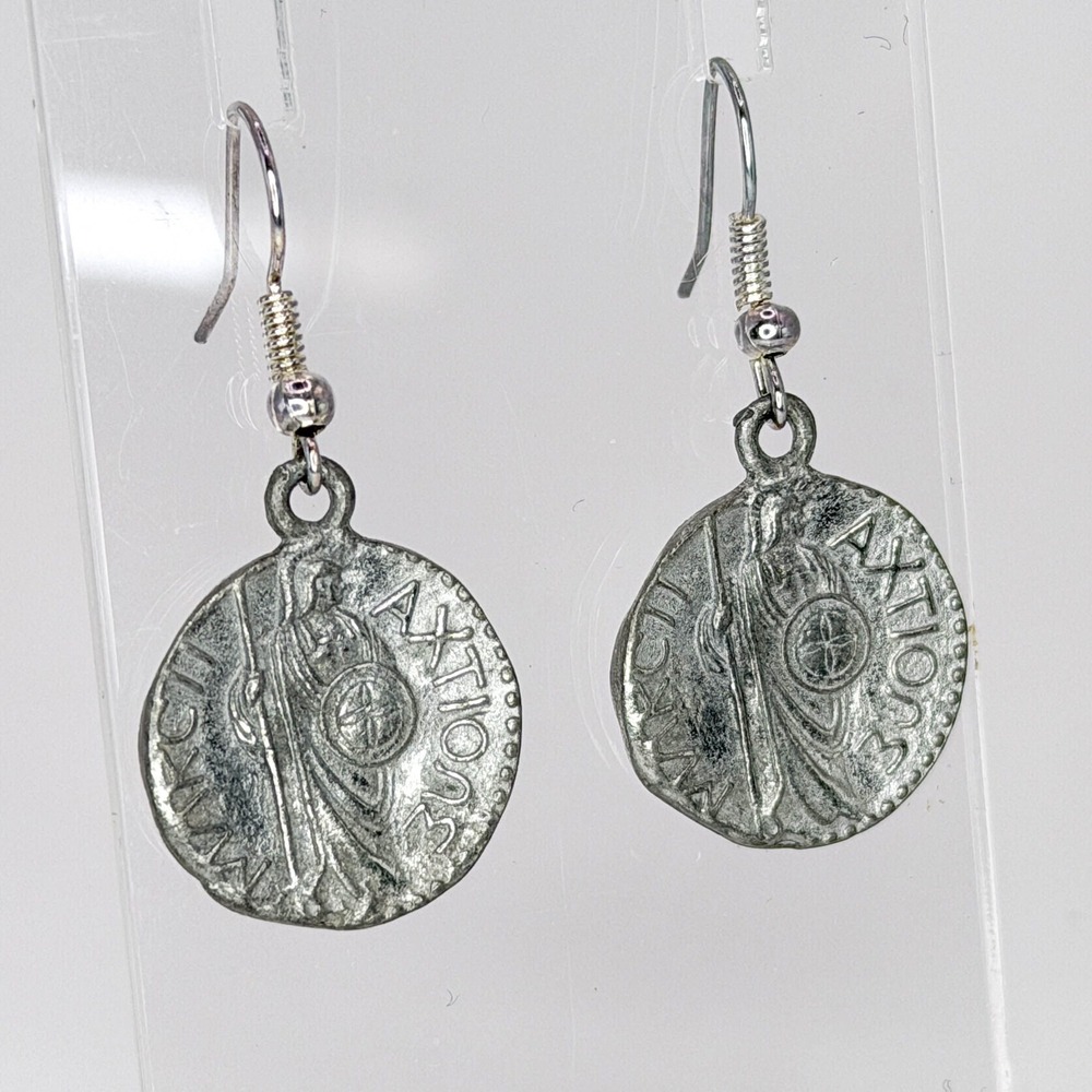 Vintage Style Antiqued Silver Tone Replica Greek Roman Coin Drop Earrings Horse